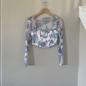Corset style long sleeve, sheer floral, square neckline